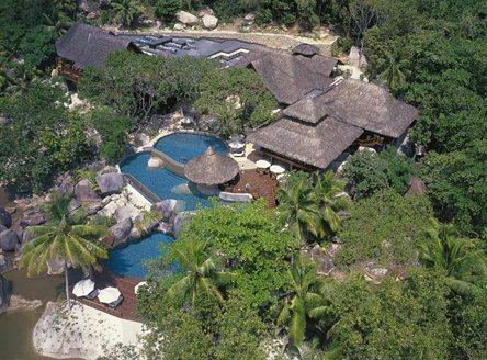 Aerial view of the three-level pool at Constance Lemuria