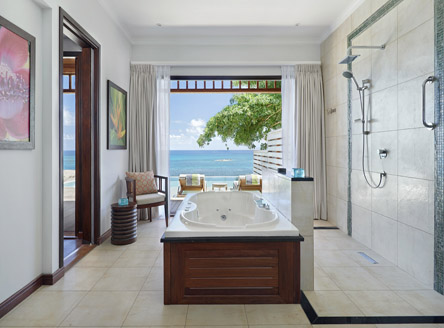 New King Size Deluxe Ocean View Pool Villa bathroom at Hilton Seychelles Northolme
