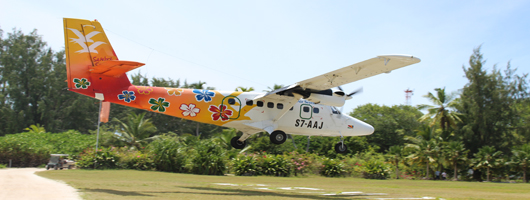 Inter-island flight transfer landing on Denis Island Seychelles
