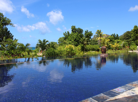 The main swimming pool at Raffles Praslin Seychelles