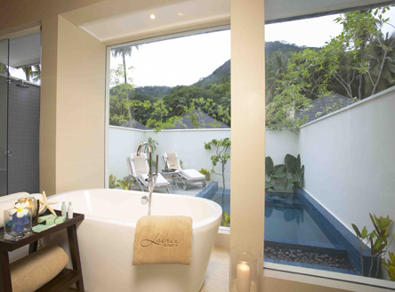 View of plunge pool from your Beach Villa bathroom at Hilton Labriz Beach Villa